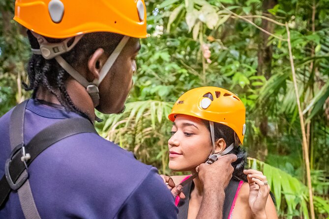 Adrena-Line Zipline, St. Lucia - Getting fitted for eight rainforest zip lines